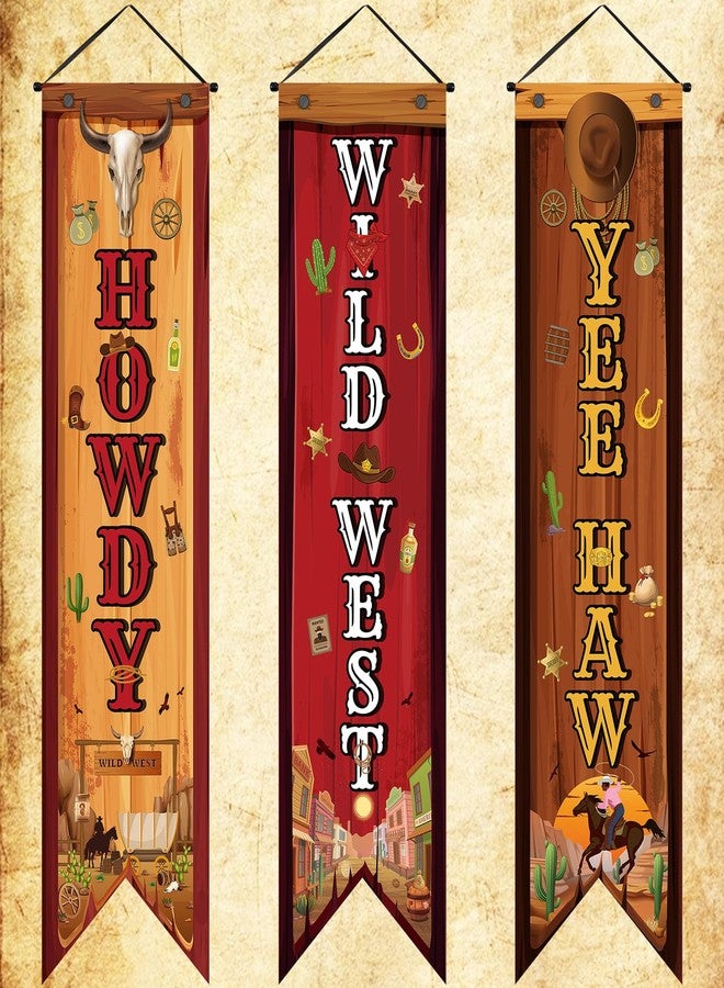 Chiisong 3 Western Party Decorations Cowboy Banners Wild West Hanging Decor Howdy Yes Haw Porch Sign Backdrops for Indoor Outdoor Cowboy Birthday Photo Props Wedding Party Supplies (Western) - Image 1